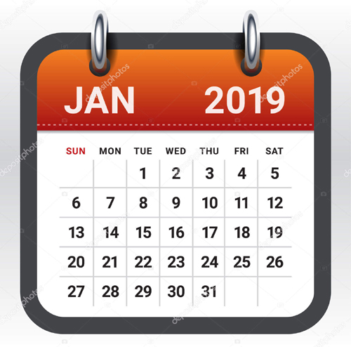January 2019 monthly calendar vector illustration, simple and clean design.